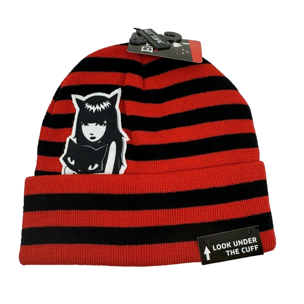 Emily The Strange Black & Red Stripe Peeking Beanie cap hat NWT